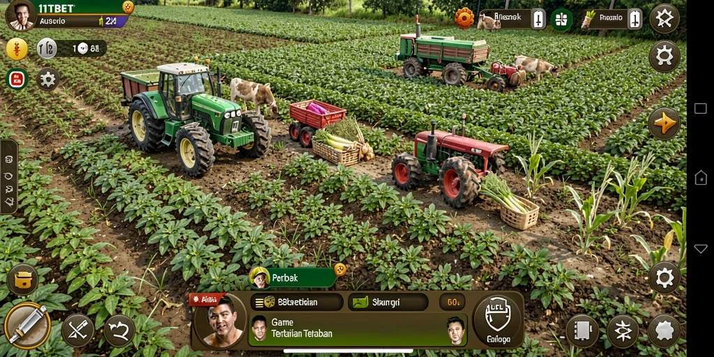Screenshot gameplay 11TBET yang menunjukkan kebun yang subur dan beragam tanaman.