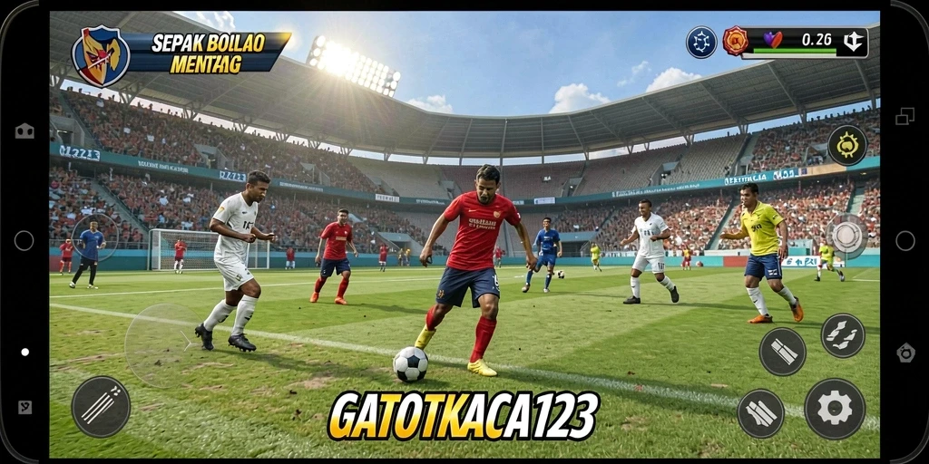 Gameplay seru GATOTKACA123 yang menyajikan pertandingan sepak bola nyata.