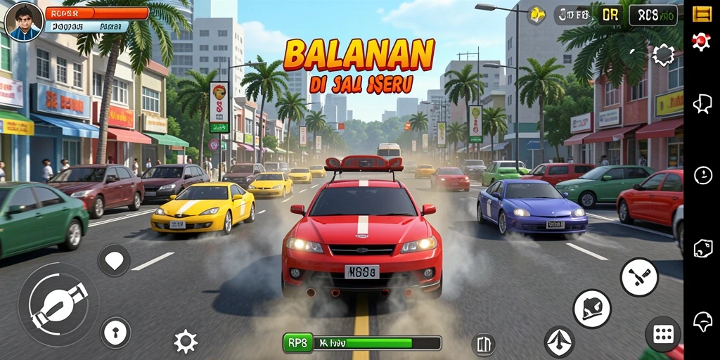 Screenshot utama RP8 menampilkan aksi balapan yang mendebarkan dan mobil yang cepat.