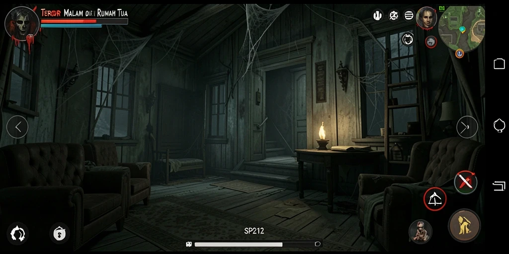 Screenshot gameplay SP212 menunjukkan suasana mencekam di dalam rumah tua.